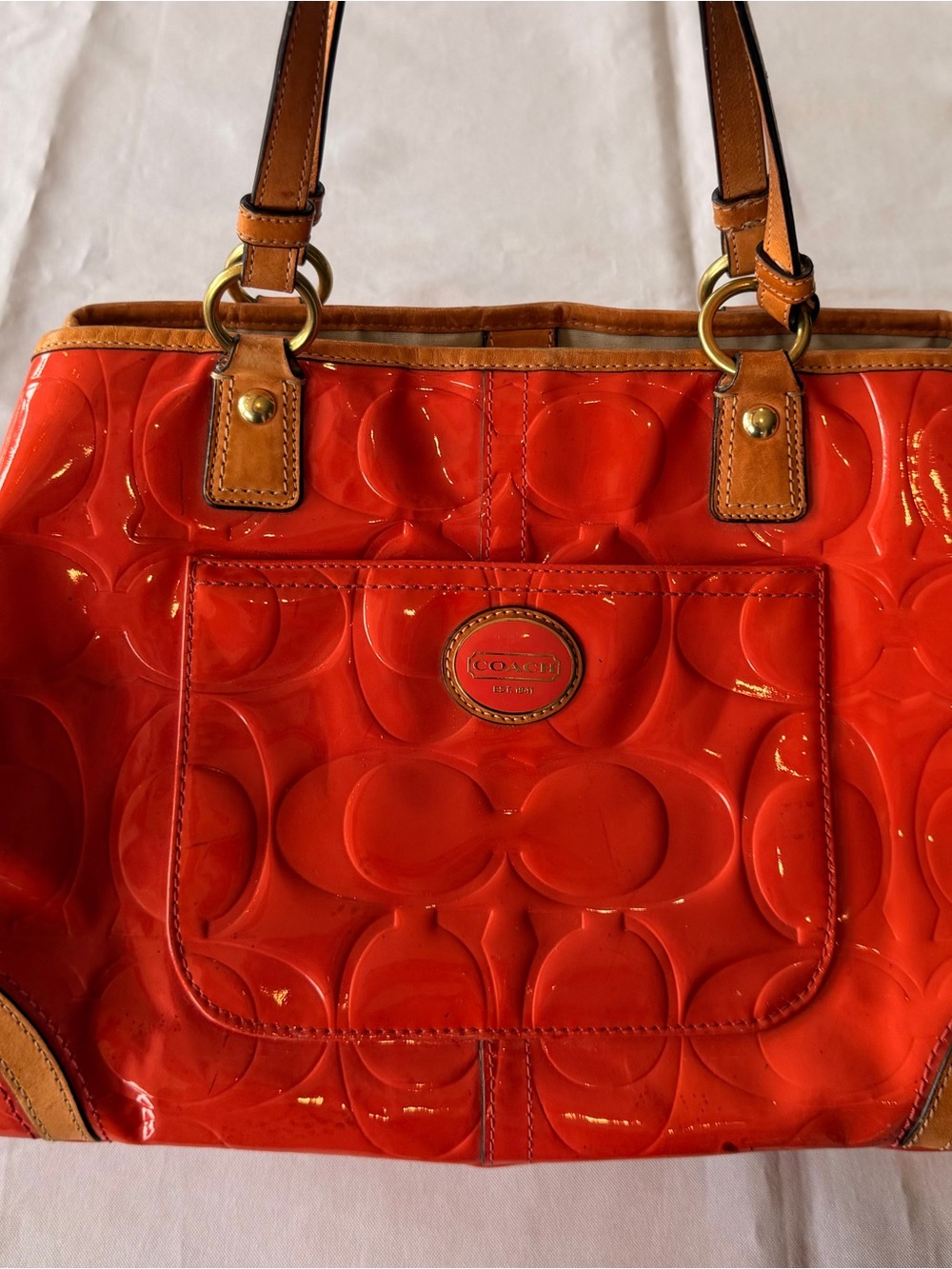 Coach Papaya Peyton Embossed Patent Leather Kisslock Orange Tote No F23722 - Picture 2 of 16